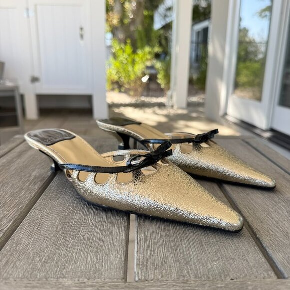 New Jeffrey Campbell Solitude Pointed Kitten Heels Mules Gold Black Womens 6.5 - Picture 14 of 16